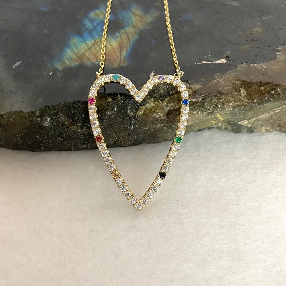 Gold Vermeil Sterling Silver 925 Open Heart Rainbow Pave Pendant Necklace 16-18" - Picture 6 of 16